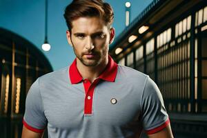 a man in a red and grey polo shirt. AI-Generated photo