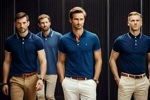 men's polo shirts in navy blue, white and tan. AI-Generated photo