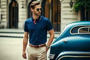 a man in a blue polo shirt and sunglasses standing next to a classic car. AI-Generated photo