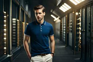 a man in a blue polo shirt standing in a dark room. AI-Generated photo