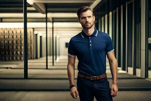 a man in a blue polo shirt and jeans. AI-Generated photo
