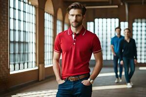 un hombre en un rojo polo camisa y vaqueros. generado por ai foto