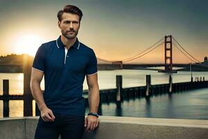 a man in a blue polo shirt standing next to a bridge. AI-Generated photo