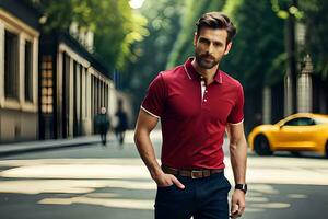 a man in a red polo shirt and blue jeans. AI-Generated photo