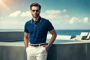 a man in a blue polo shirt and white pants. AI-Generated photo