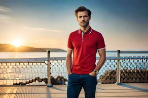 a man in a red polo shirt standing on a dock. AI-Generated photo