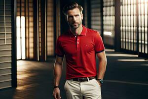 a man in a red polo shirt and white pants. AI-Generated photo