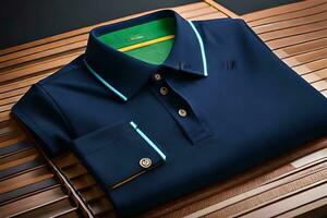 a blue polo shirt with green and yellow trims. AI-Generated photo