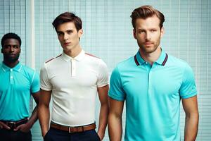 three men in blue polo shirts standing next to each other. AI-Generated photo