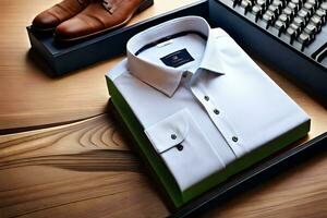 a white shirt and brown shoes on a wooden table. AI-Generated photo