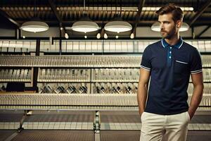 a man in a blue polo shirt standing in a factory. AI-Generated photo