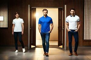three men in blue, white and blue polos. AI-Generated photo