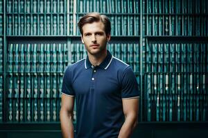 a man in a blue polo shirt standing in front of a wall. AI-Generated photo