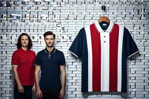 two men standing next to a red, white and blue striped polo shirt. AI-Generated photo