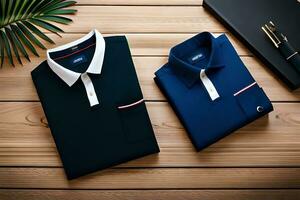 two men's polo shirts on a wooden table. AI-Generated photo