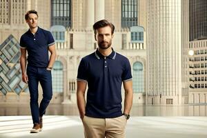 two men in blue polo shirts standing in front of a building. AI-Generated photo