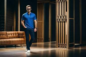a man in a blue polo shirt and sunglasses walking through a room. AI-Generated photo