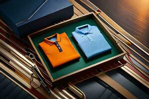 two orange and blue polo shirts in a box. AI-Generated photo