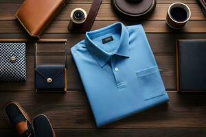 a blue polo shirt, wallet, and other items on a wooden table. AI-Generated photo