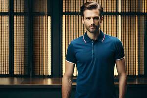 a man in a blue polo shirt standing in front of a window. AI-Generated photo