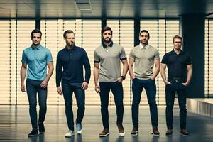 cinco hombres en diferente polo camisas en pie en un vacío pasillo. generado por ai foto
