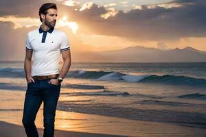 un hombre en un polo camisa soportes en el playa a puesta de sol. generado por ai foto