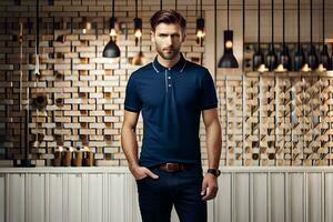 a man in a blue polo shirt standing in front of a wall. AI-Generated photo