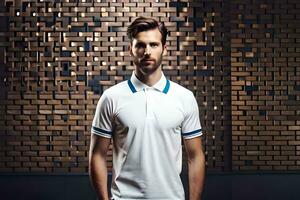 a man in a white polo shirt standing in front of a brick wall. AI-Generated photo