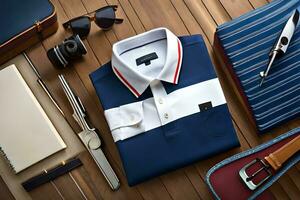 a blue and white striped polo shirt, a pair of sunglasses, a wallet and a pair. AI-Generated photo