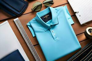 a blue polo shirt, sunglasses, and other items on a wooden table. AI-Generated photo