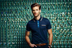 a man in a blue polo shirt and brown pants. AI-Generated photo