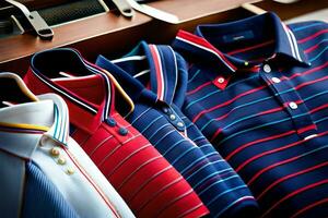 a row of men's striped polo shirts on a shelf. AI-Generated photo