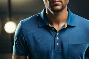 a man in a blue polo shirt and black pants. AI-Generated photo