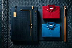 two blue and red polo shirts and a gold key. AI-Generated photo