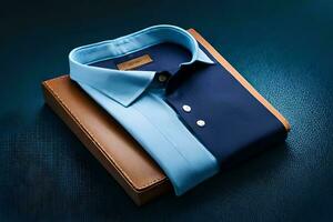 a blue shirt and a brown leather box. AI-Generated photo