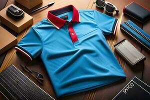 a blue polo shirt, sunglasses, and other items on a table. AI-Generated photo