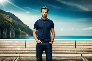 a man in a polo shirt standing on a dock. AI-Generated photo