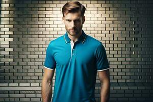 a man in a blue polo shirt standing in front of a brick wall. AI-Generated photo