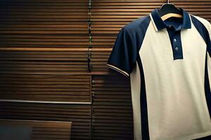 a polo shirt hanging on a hanger in front of a wooden wall. AI-Generated photo