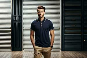 a man in a polo shirt standing in front of a closed door. AI-Generated photo