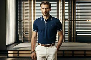un hombre en un azul polo camisa y blanco pantalones. generado por ai foto