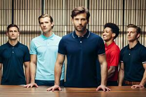 a group of men in polo shirts standing in front of a table. AI-Generated photo