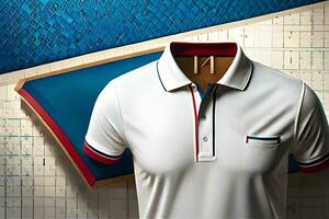 a white polo shirt with red and blue trim. AI-Generated photo