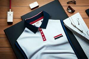 a white polo shirt with red, blue and white stripes. AI-Generated photo