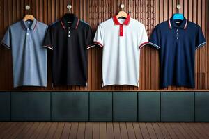 three men's polo shirts hanging on a wooden wall. AI-Generated photo