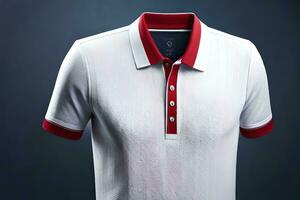 a white polo shirt with red trim. AI-Generated photo