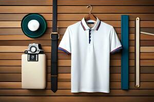 a white polo shirt, hat, belt and other accessories. AI-Generated photo