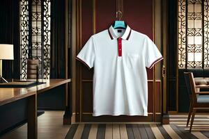 a white polo shirt is hanging on a wooden rack. AI-Generated photo