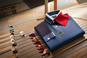 a blue shirt with red and white tie sitting on a wooden table. AI-Generated photo