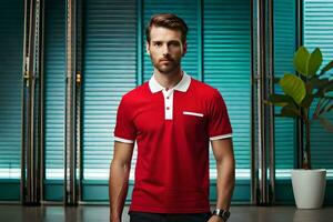 a man in a red polo shirt standing in front of a window. AI-Generated photo